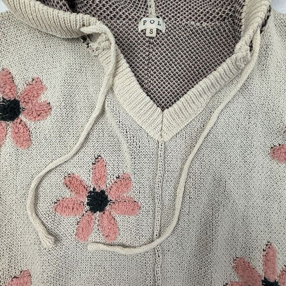 POL Floral Pattern Hooded Cropped Sweater Women Small Pink Cream Boxy - Picture 4 of 8